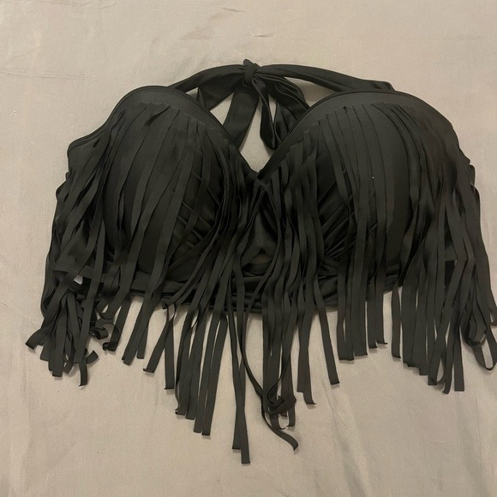 Black Fringe Halter Bikini Top Padded Swimwear Tassel Plus Size 3XL